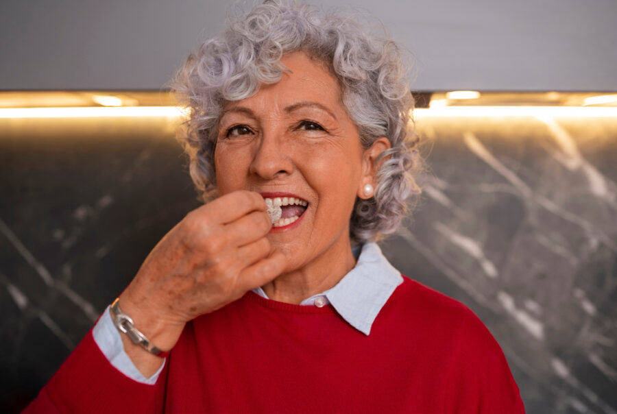 Image d'une femme senior mangeant un bonbon