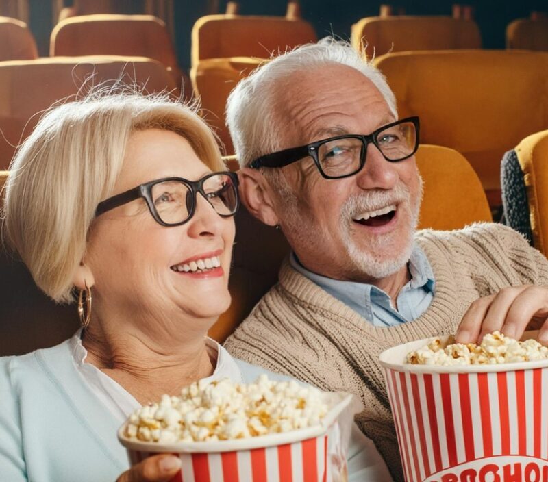 image couple senior au cinéma avec pop-corn généré par IA