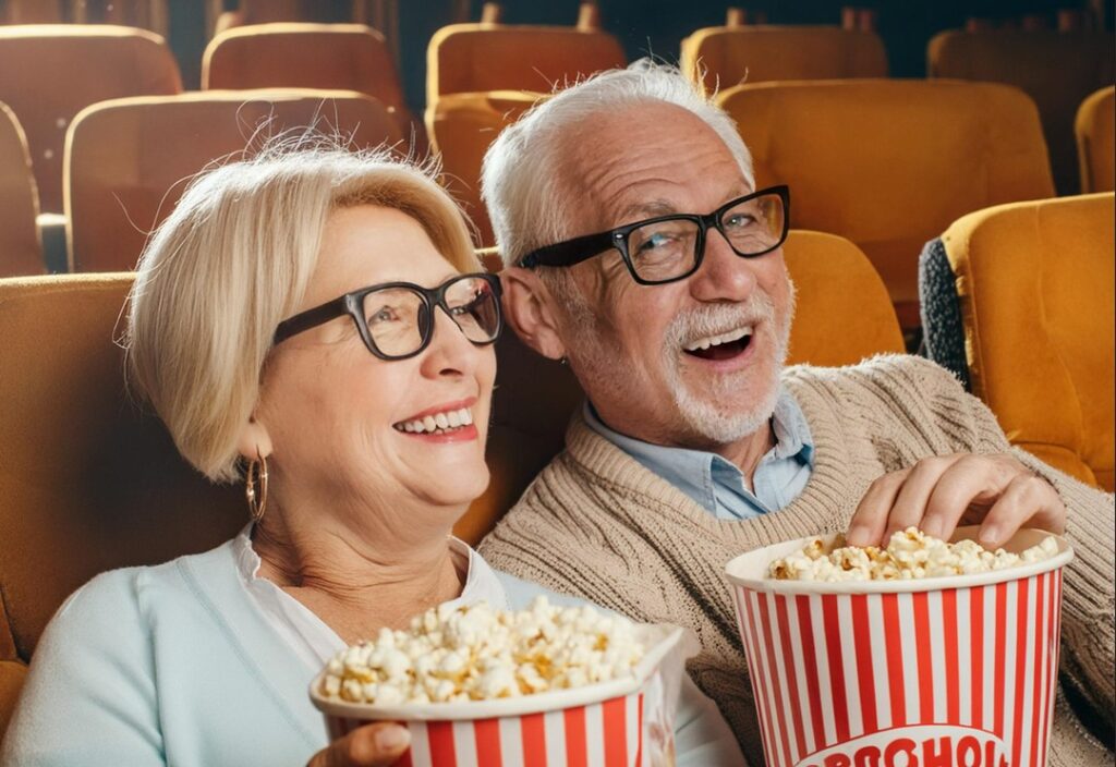 image couple senior au cinéma avec pop-corn généré par IA