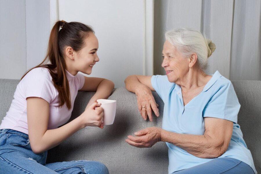 Image femme senior discutant avec adolescente généré par IA