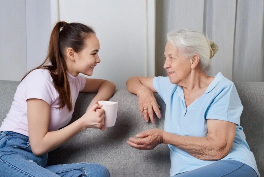 Image femme senior discutant avec adolescente généré par IA