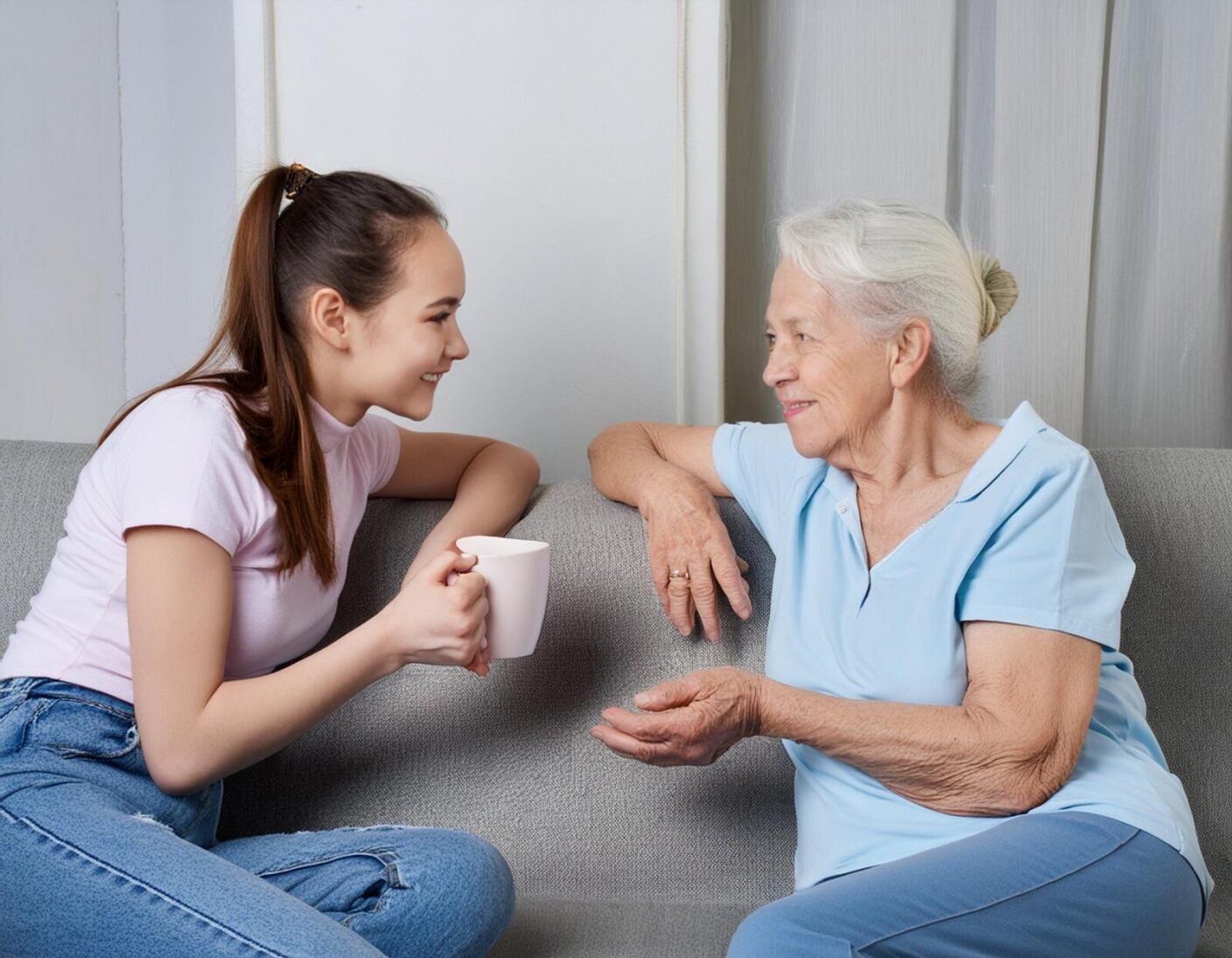 Image femme senior discutant avec adolescente généré par IA
