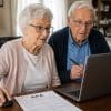 Un couple de seniors regarde son ordinateur pour se renseigner sur l’aide APA.