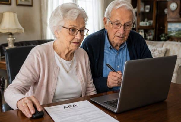 Un couple de seniors regarde son ordinateur pour se renseigner sur l’aide APA.