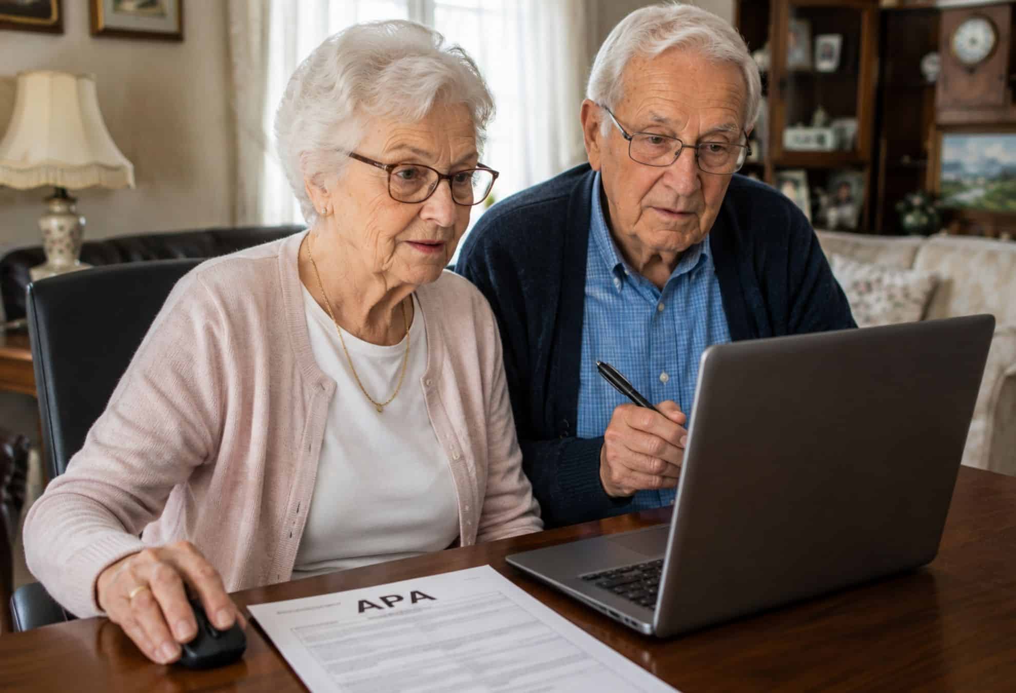 Un couple de seniors regarde son ordinateur pour se renseigner sur l’aide APA.