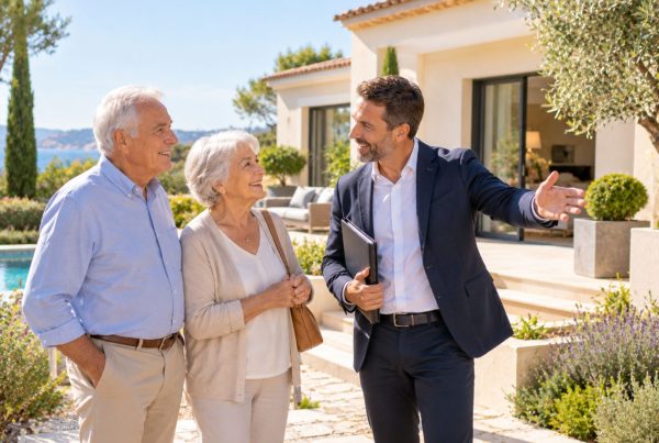 Un couple senior discute avec un agent immobilier devant une villa
