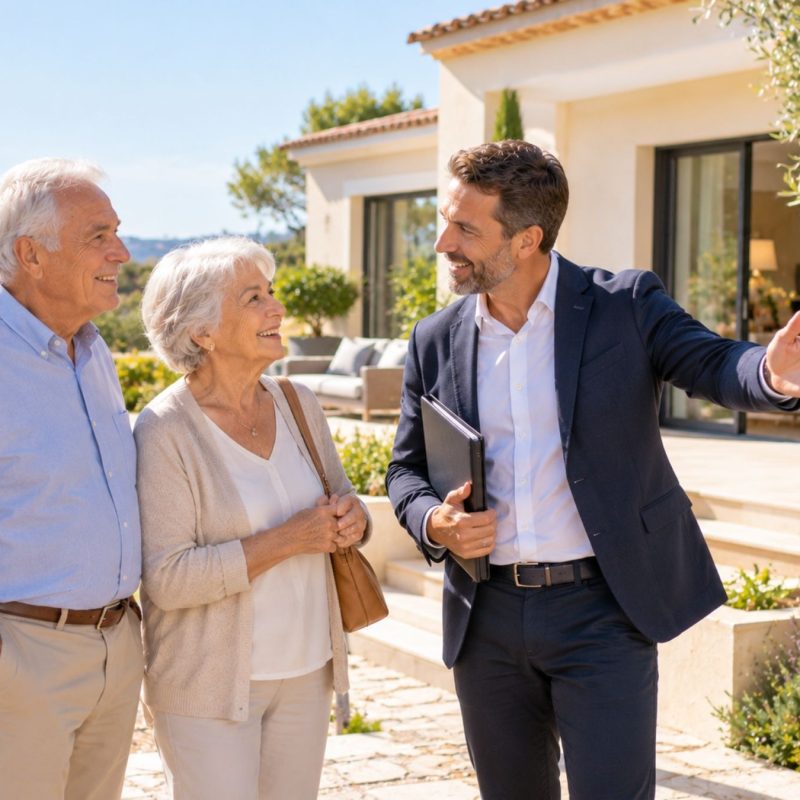 Un couple senior discute avec un agent immobilier devant une villa