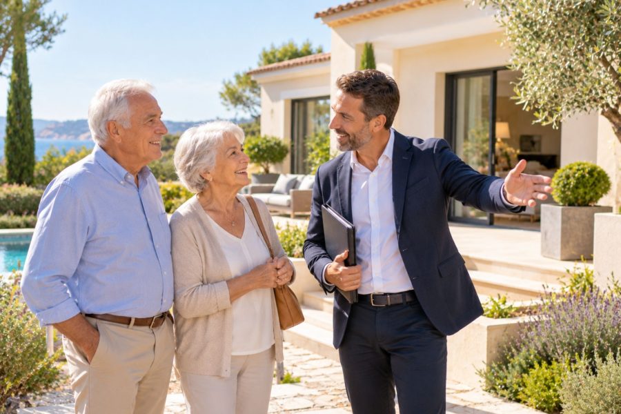 Un couple senior discute avec un agent immobilier devant une villa