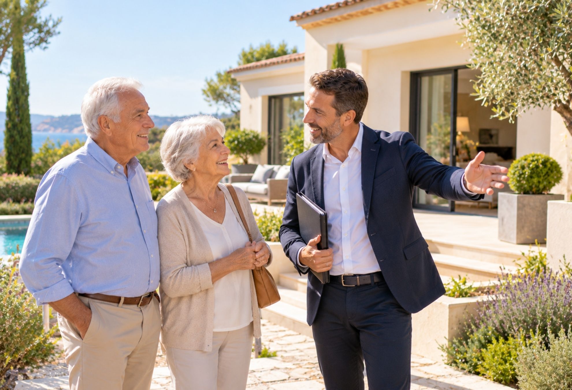 Un couple senior discute avec un agent immobilier devant une villa