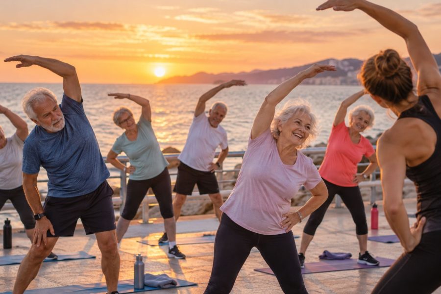Groupe de seniors entrain de faire du sport sur la plage en douceur et sécurité