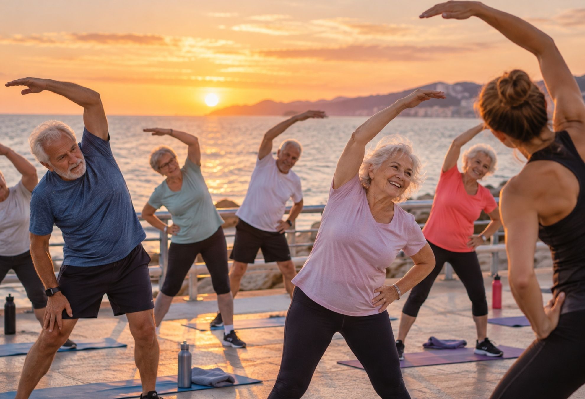 Groupe de seniors entrain de faire du sport sur la plage en douceur et sécurité