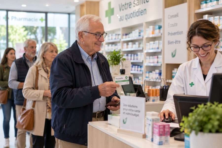 Homme senior à la pharmacie qui tend sa mutuelle à la pharmacienne