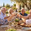 Un groupe de seniors est assis autour d’une table et passe un bon moment ensemble dans une résidence seniors.