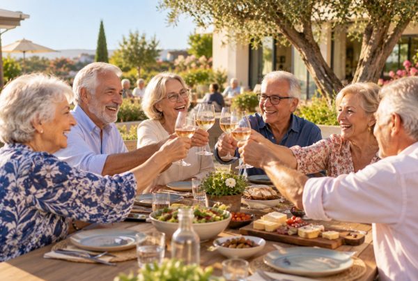 Un groupe de seniors est assis autour d’une table et passe un bon moment ensemble dans une résidence seniors.