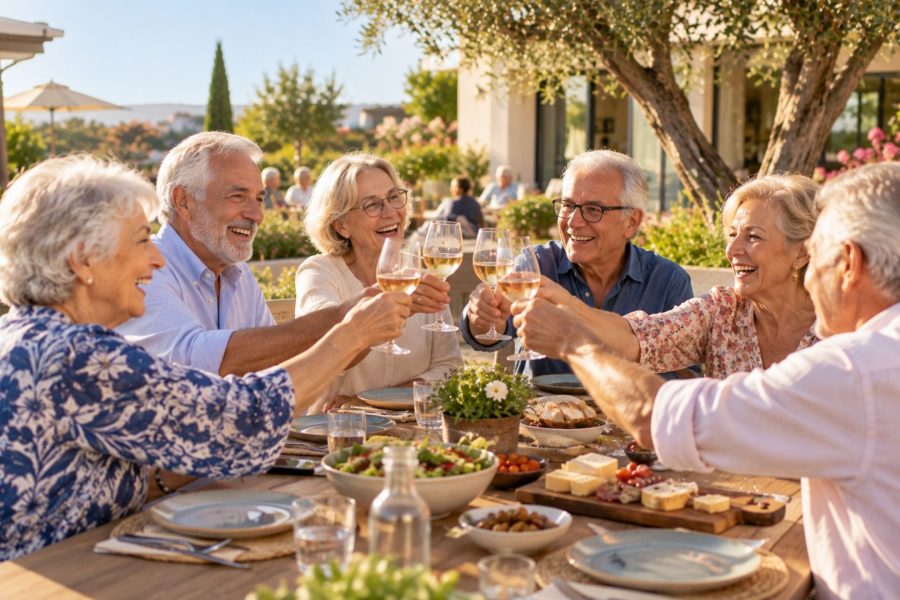 Un groupe de seniors est assis autour d’une table et passe un bon moment ensemble dans une résidence seniors.