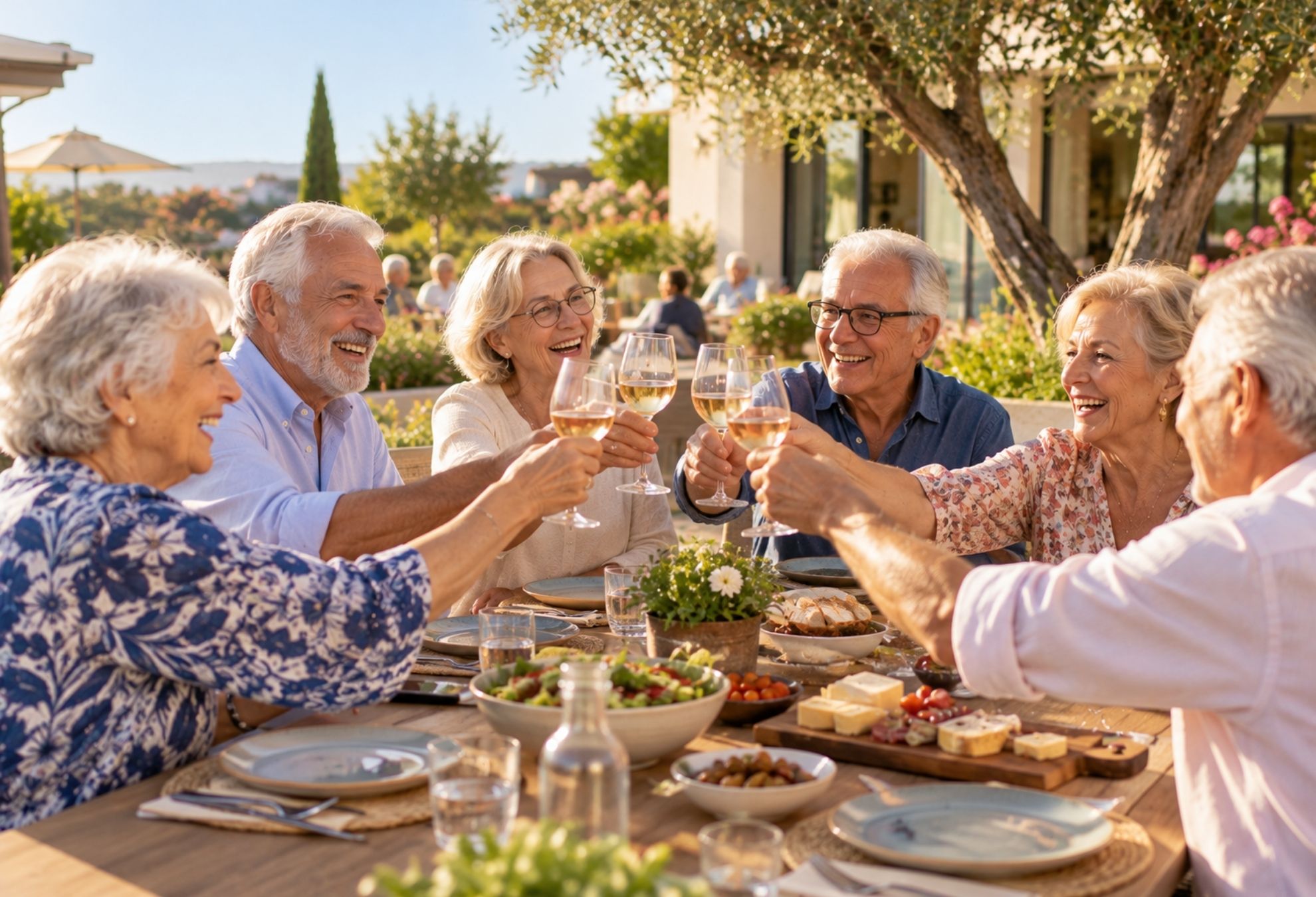 Un groupe de seniors est assis autour d’une table et passe un bon moment ensemble dans une résidence seniors.