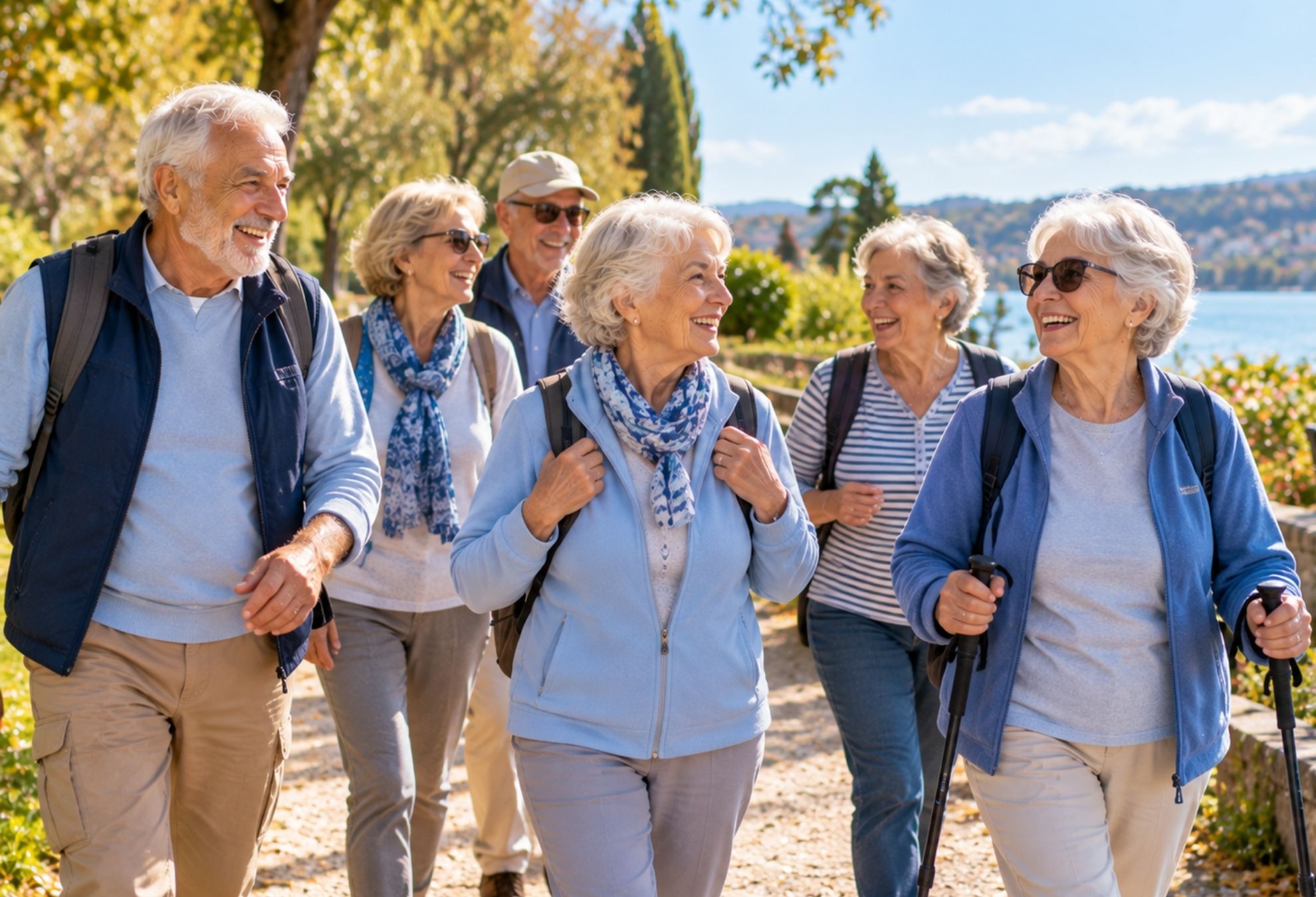 Groupe de seniors en train de faire une promenade à l’occasion de la Semaine Bleue.