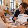 Une secrétaire d’accueil en résidence seniors explique à une résidente quels services sont inclus et lesquels sont proposés en option.