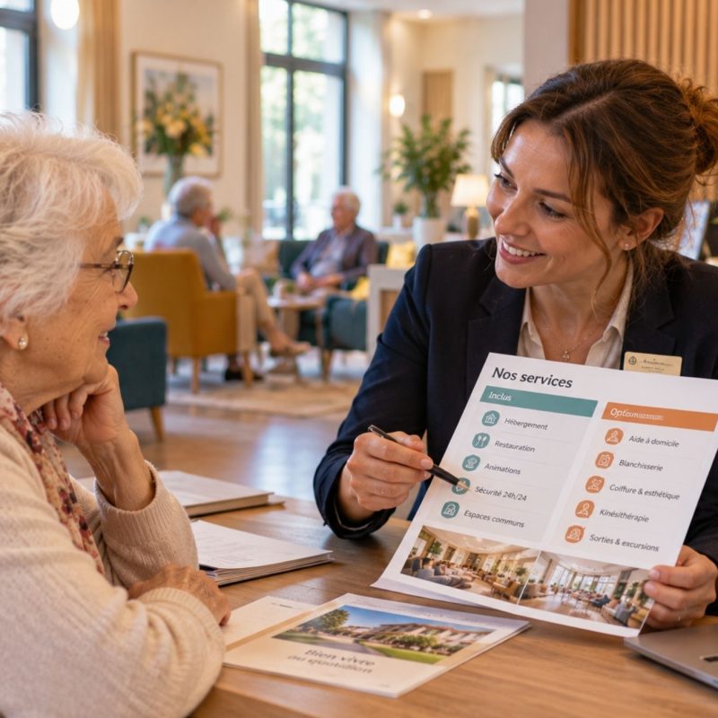 Une secrétaire d’accueil en résidence seniors explique à une résidente quels services sont inclus et lesquels sont proposés en option.