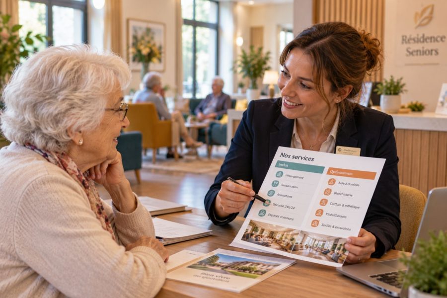 Une secrétaire d’accueil en résidence seniors explique à une résidente quels services sont inclus et lesquels sont proposés en option.