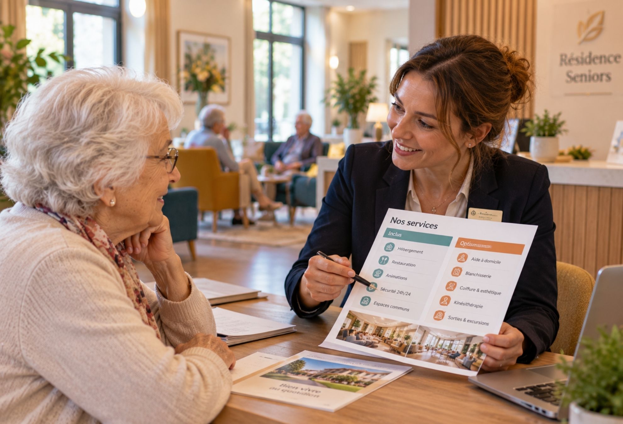 Une secrétaire d’accueil en résidence seniors explique à une résidente quels services sont inclus et lesquels sont proposés en option.