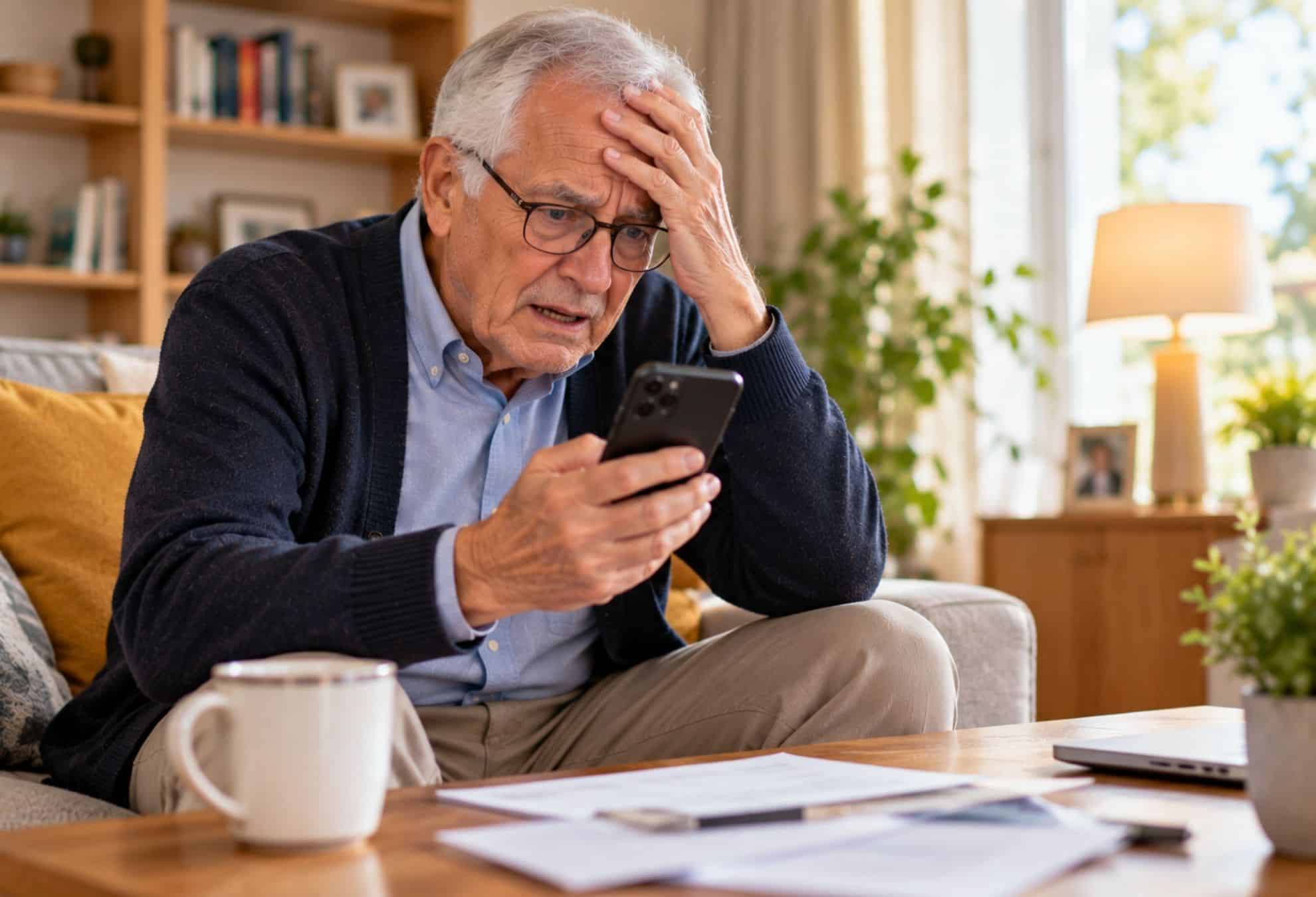 Un homme senior victime d'une arnaque en ligne