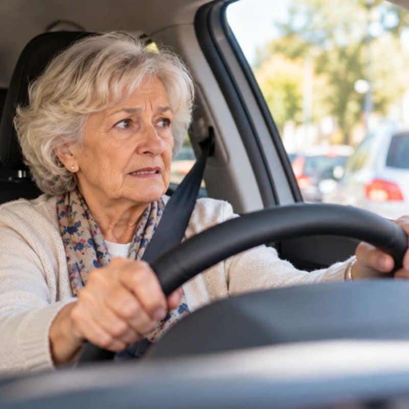 Femme senior au volant de son véhicule, pas très à l'aise de conduire
