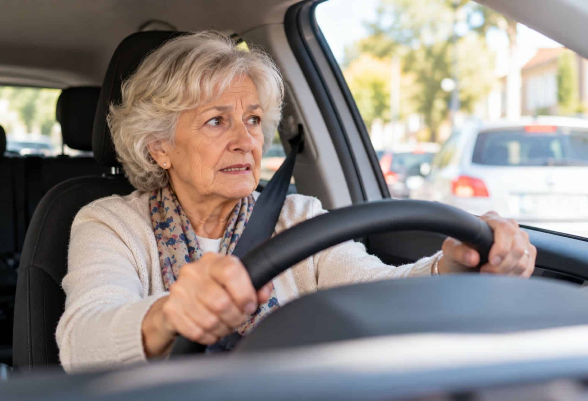 Femme senior au volant de son véhicule, pas très à l'aise de conduire