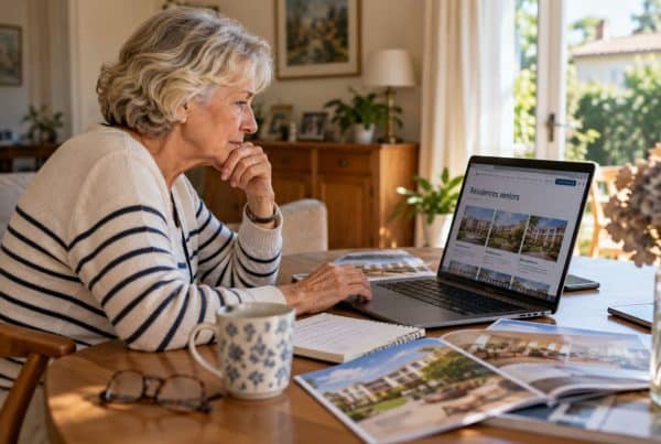 Une femme senior recherche activement une résidence senior et hésite à vendre sa maison
