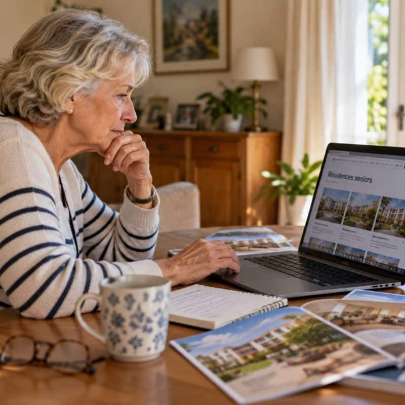 Une femme senior recherche activement une résidence senior et hésite à vendre sa maison