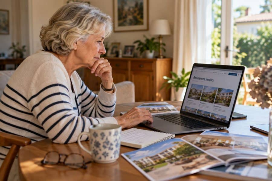 Une femme senior recherche activement une résidence senior et hésite à vendre sa maison