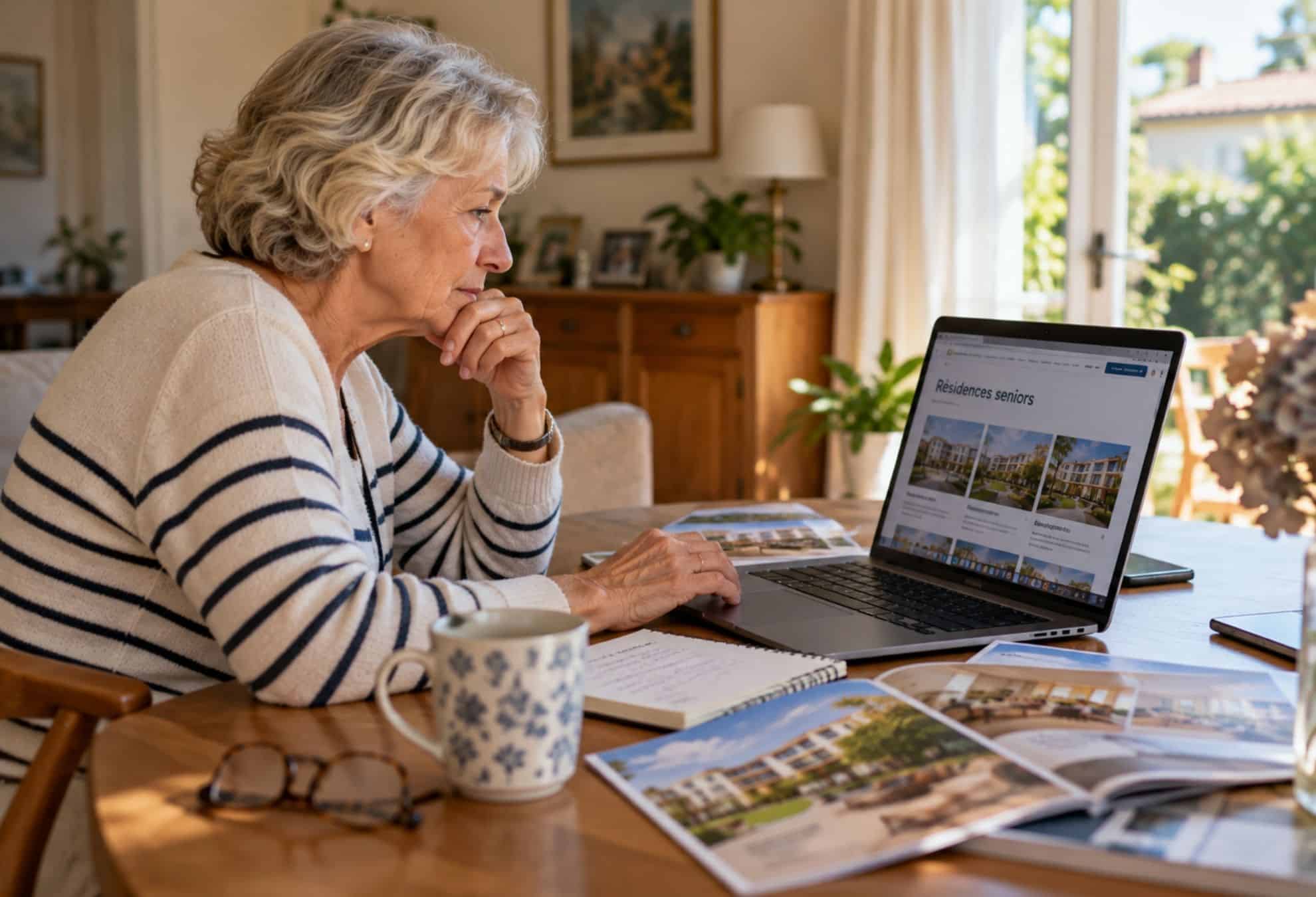Une femme senior recherche activement une résidence senior et hésite à vendre sa maison