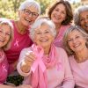Plusieurs femmes de plus de 65 ans réunies à l’occasion d’Octobre Rose, chacune portant un ruban rose.