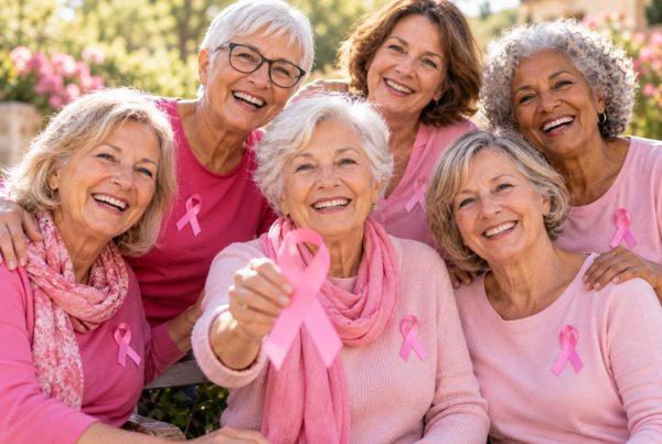 Plusieurs femmes de plus de 65 ans réunies à l’occasion d’Octobre Rose, chacune portant un ruban rose.
