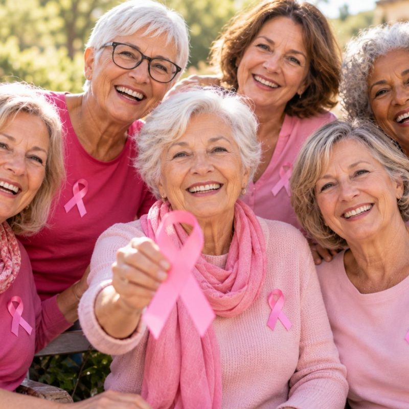 Plusieurs femmes de plus de 65 ans réunies à l’occasion d’Octobre Rose, chacune portant un ruban rose.