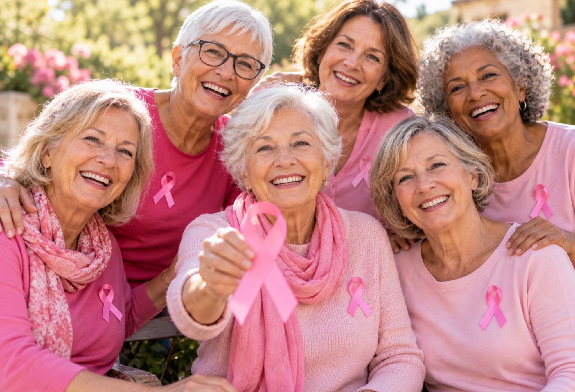 Plusieurs femmes de plus de 65 ans réunies à l’occasion d’Octobre Rose, chacune portant un ruban rose.