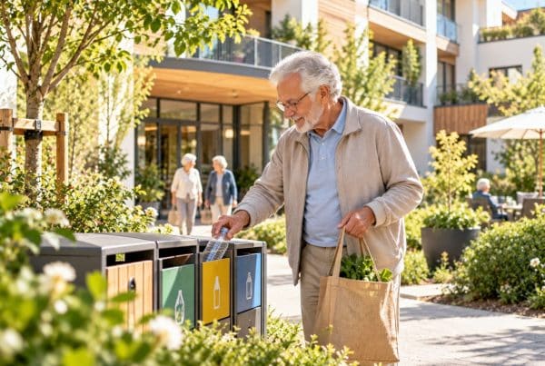 Cette image montre une résidence senior investit dans l'écoresponsabilité grâce au tri des poubelles