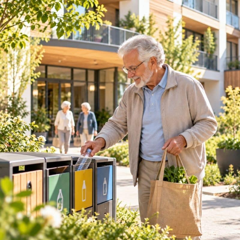 Cette image montre une résidence senior investit dans l'écoresponsabilité grâce au tri des poubelles