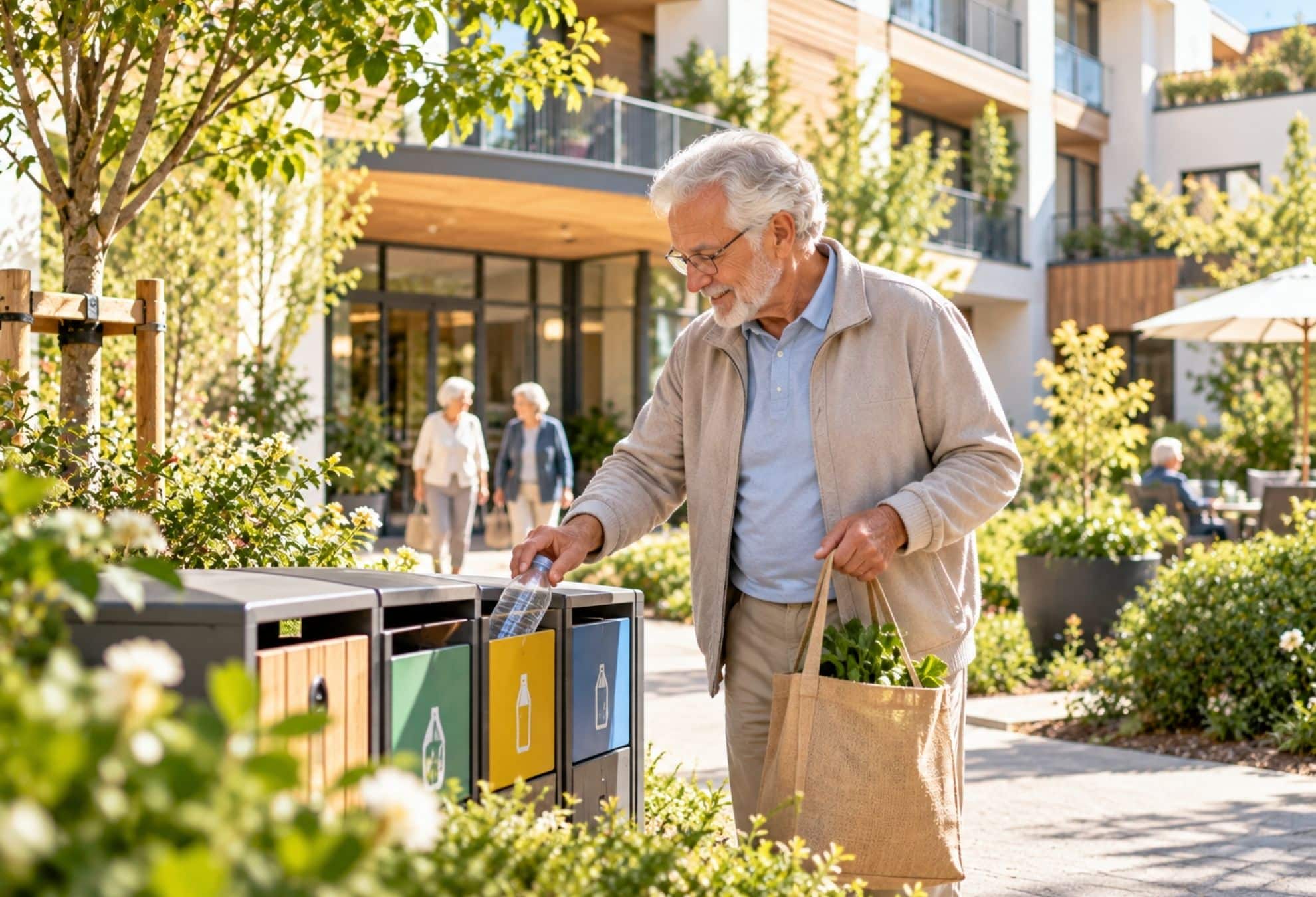 Cette image montre une résidence senior investit dans l'écoresponsabilité grâce au tri des poubelles